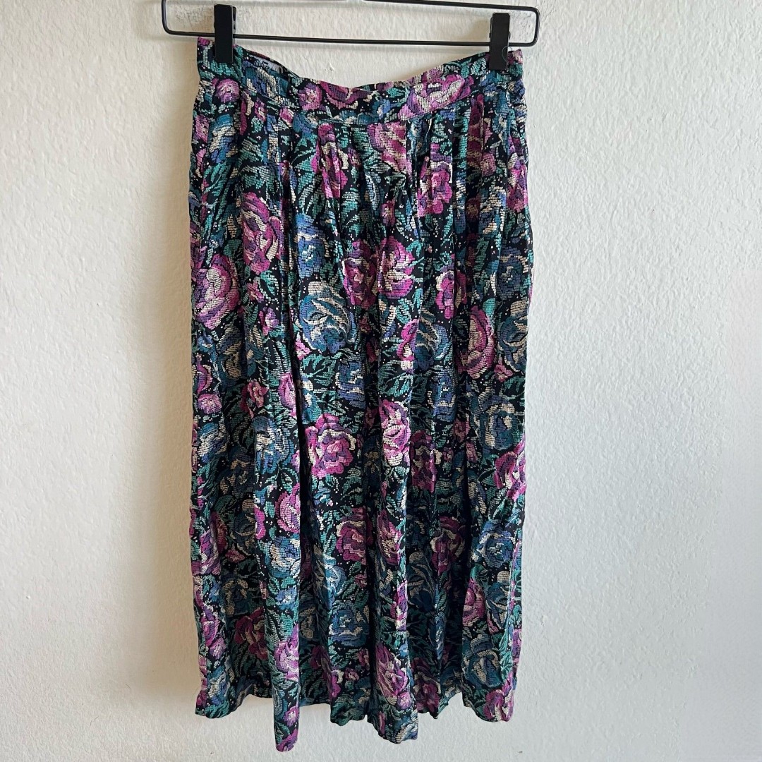 CODE 7 Vintage 90s Black Floral Midi A-Line Skirt Womens S-M