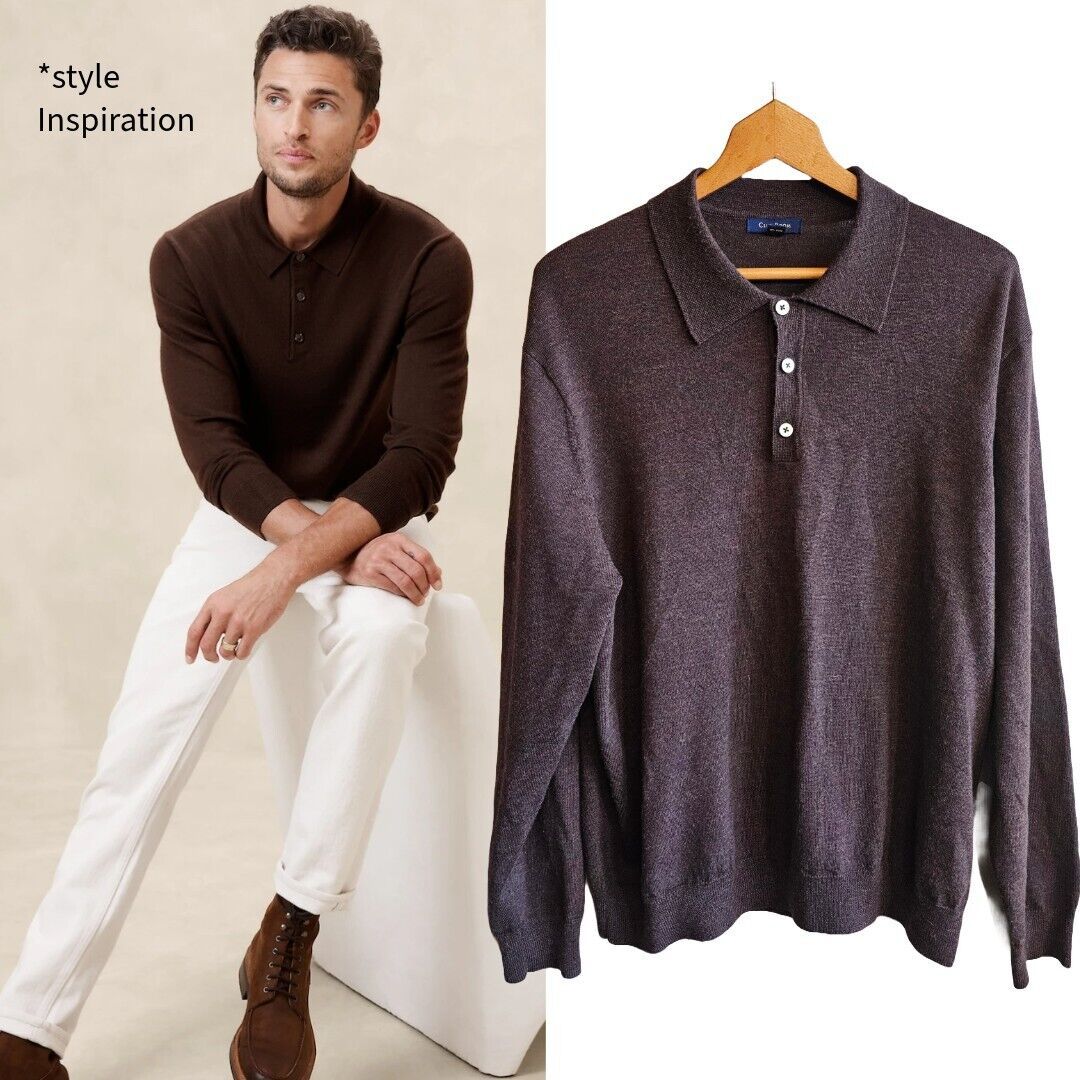 club room mens Polo sweater Brown Lambswool Size XL
