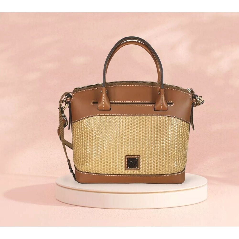 Dooney Bourke Beacon Brown Smooth Leather Woven Embossed Domed Satchel