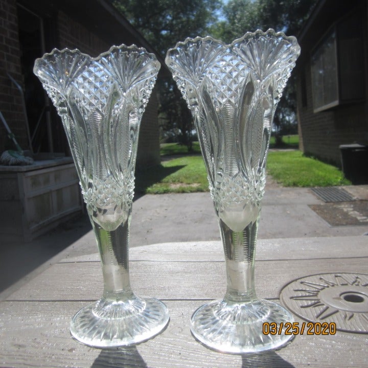 Crystal Diamond & Fan Vases Rare 12''