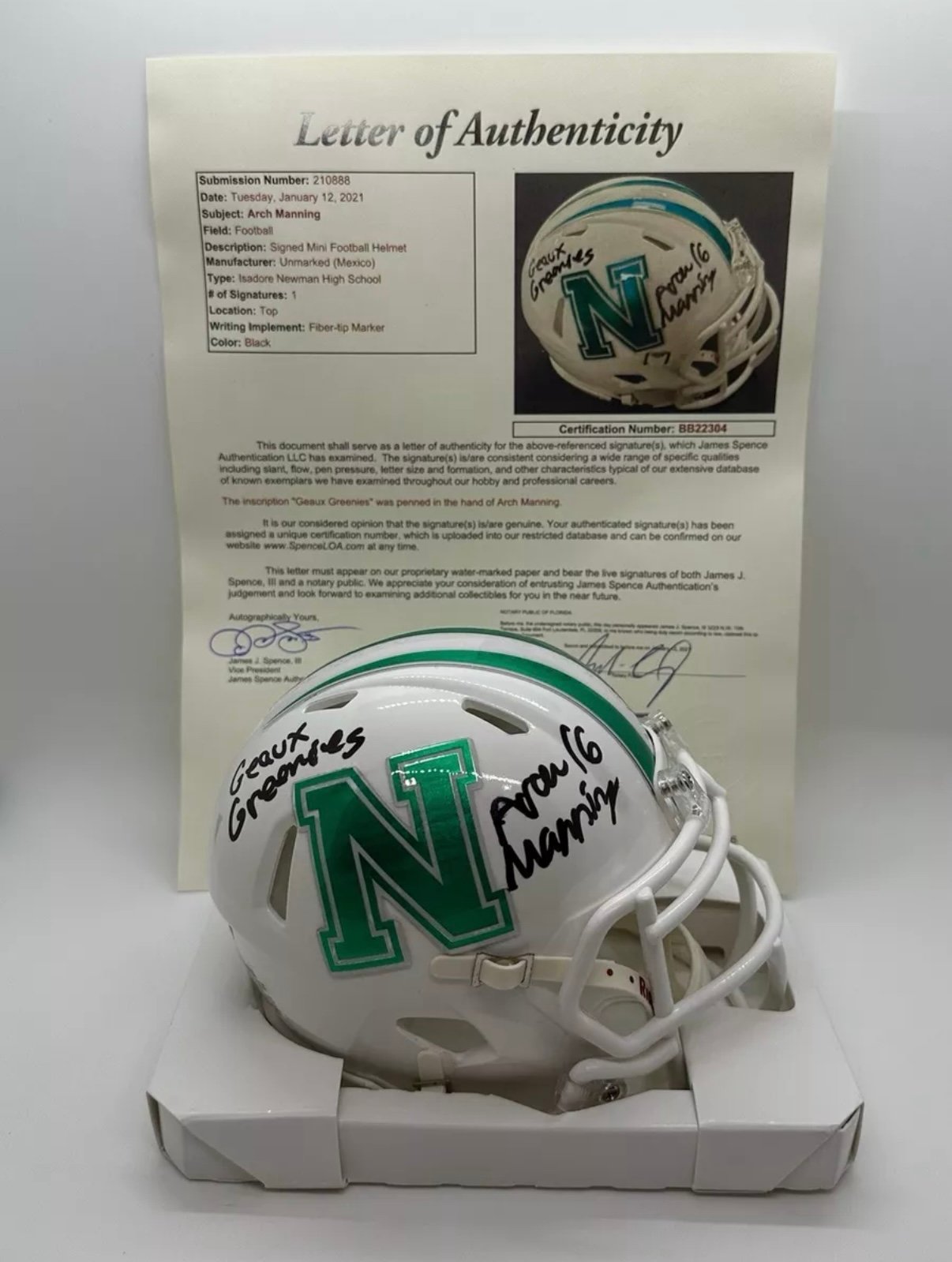 Arch Manning Autographed Isidore Newman HS Chrome Mini Helmet Texas Signed JSA