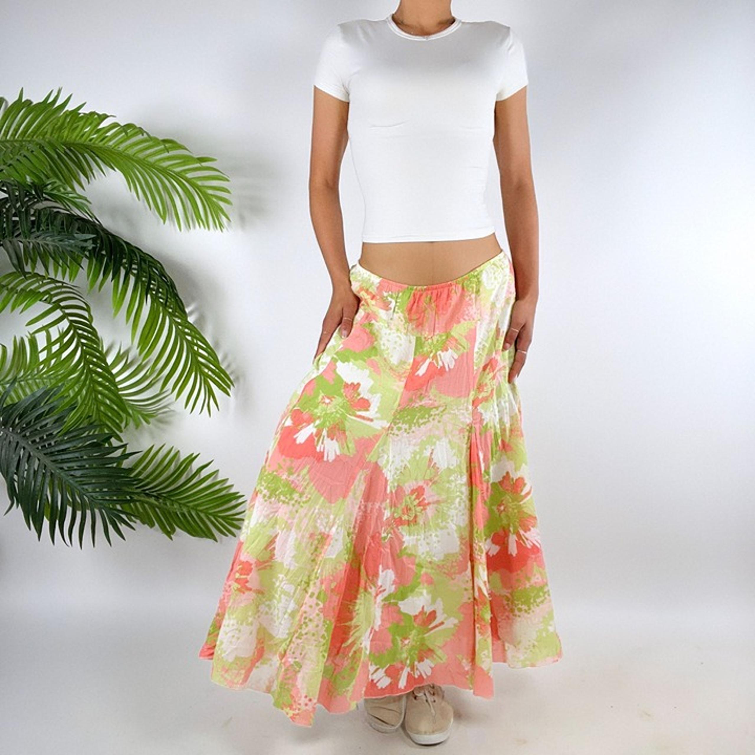 Vintage Green & Pink Floral Low Rise Cottagecore Boho Beachy Midi Skirt / 12