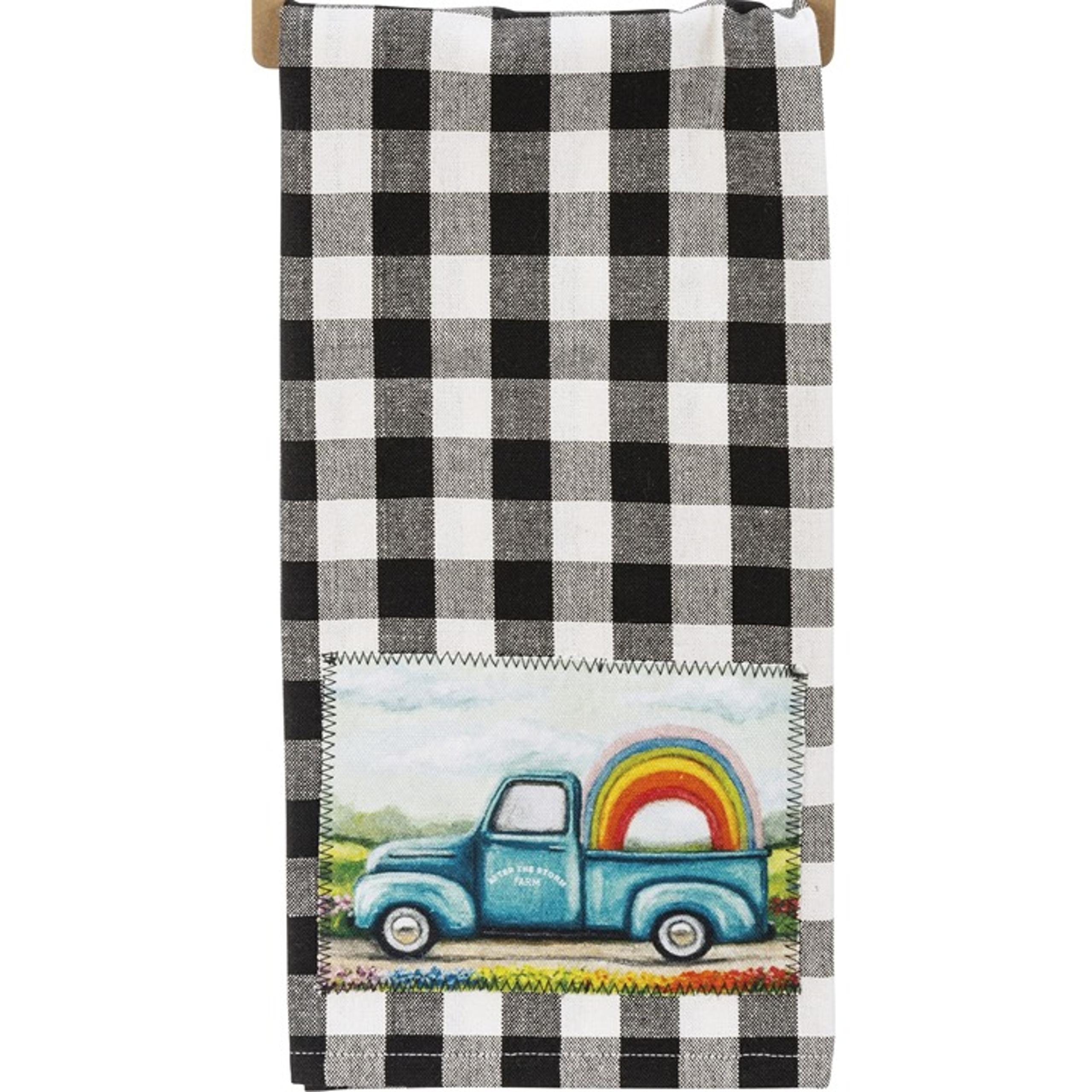 Rainbow Farm kitchen Towel. Cotton. Truck. buffalo check.