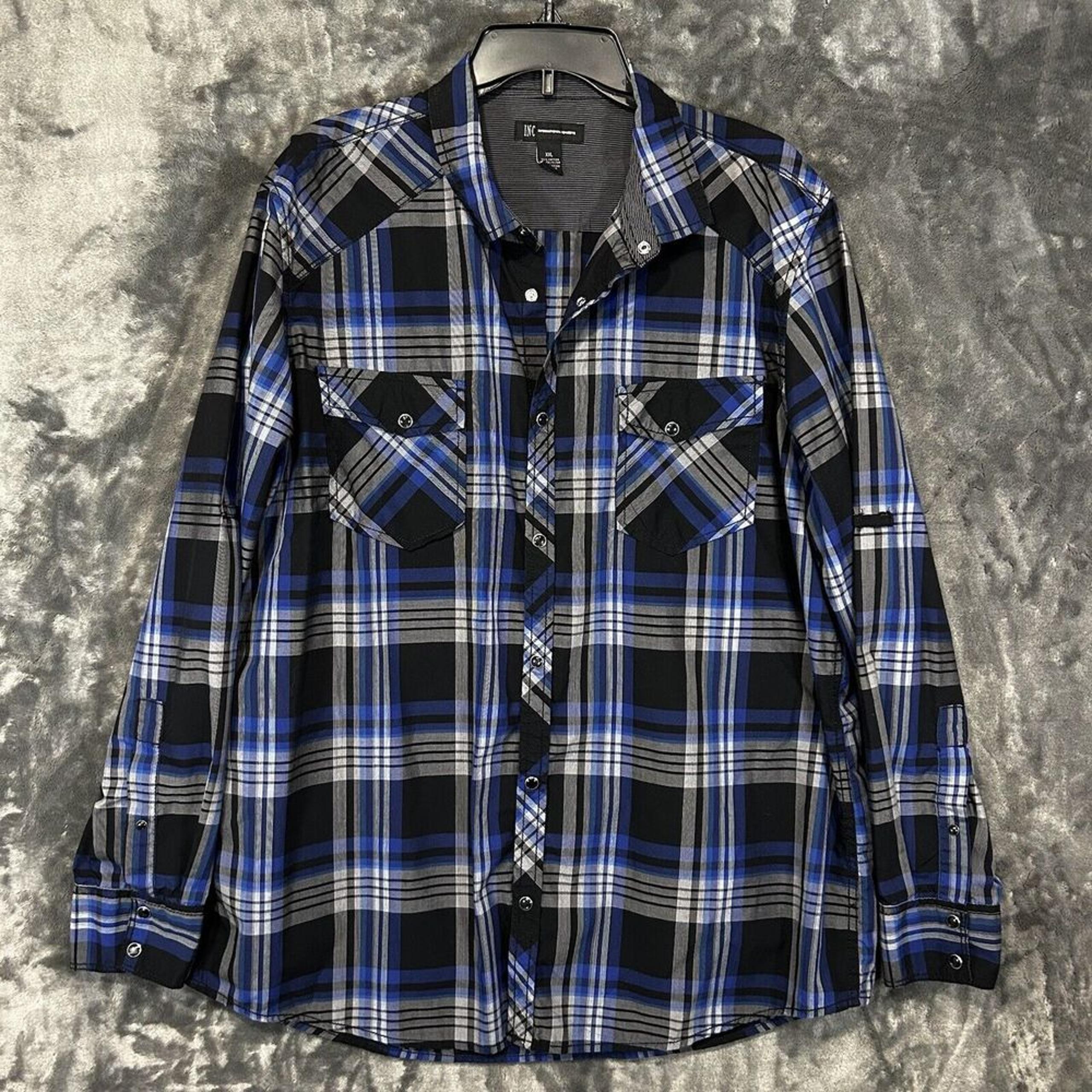 INC Snap Button Shirt Mens 2XL Blue Black Plaid Western Rodeo Cowboy Country