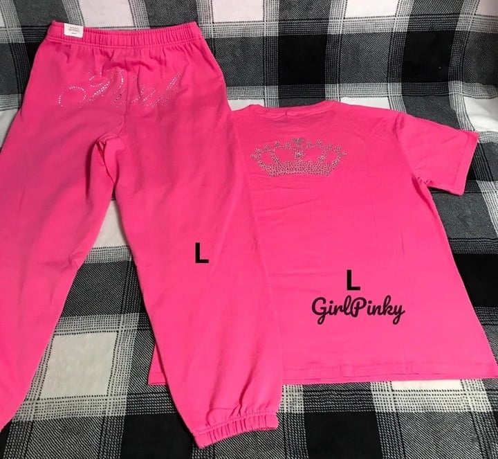 Victoria secret PINK SWEATPANTS OUTFIT & CAMPUS TEE IN CARMINE ROSE BLING LARGE