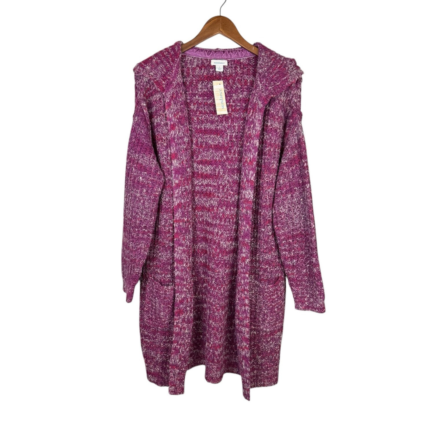 Sundance NWT Purple Pink Chunky Knit Long Length Hooded Open Cardigan Sweater