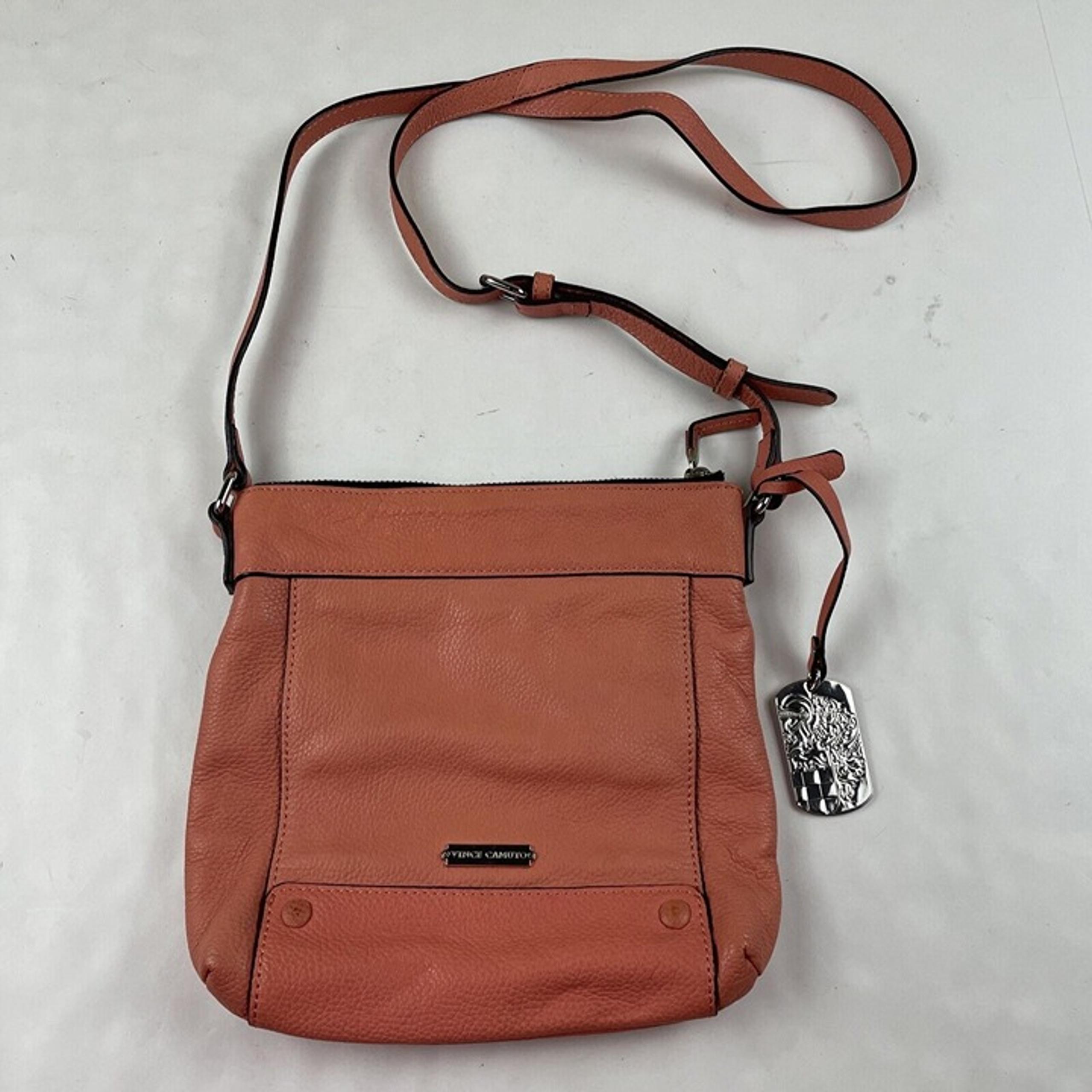 VINCE CAMUTO Crossbody Purse Bag Pebbled Leather Zip Pockets Salmon