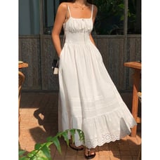 Commense White Cotton Blend Smocked Waist Eyelet Lace Maxi Dress M NWT