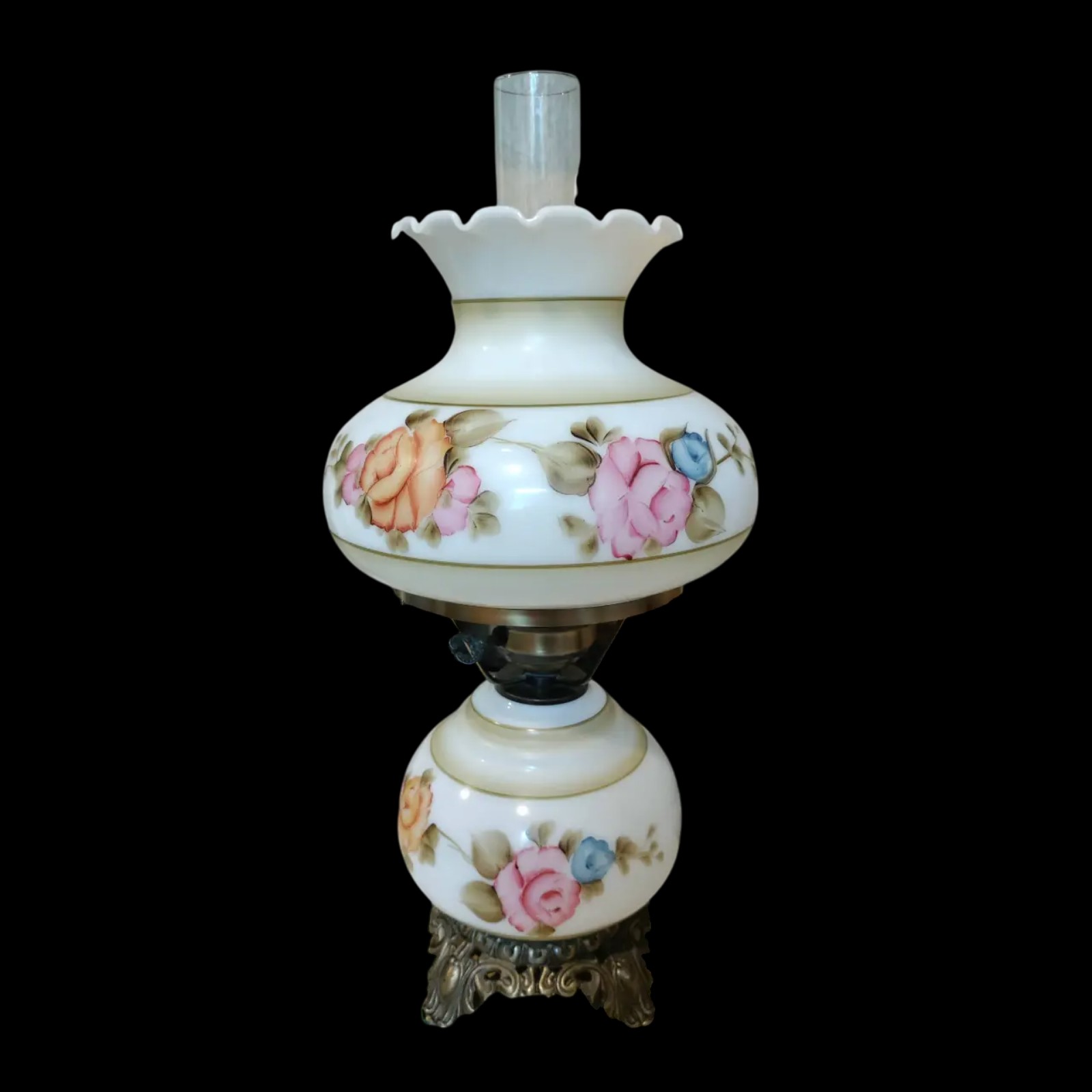 Vintage Hand-Painted Hurricane Lamp Ruffled Milk Glass Roses Accurate Casting