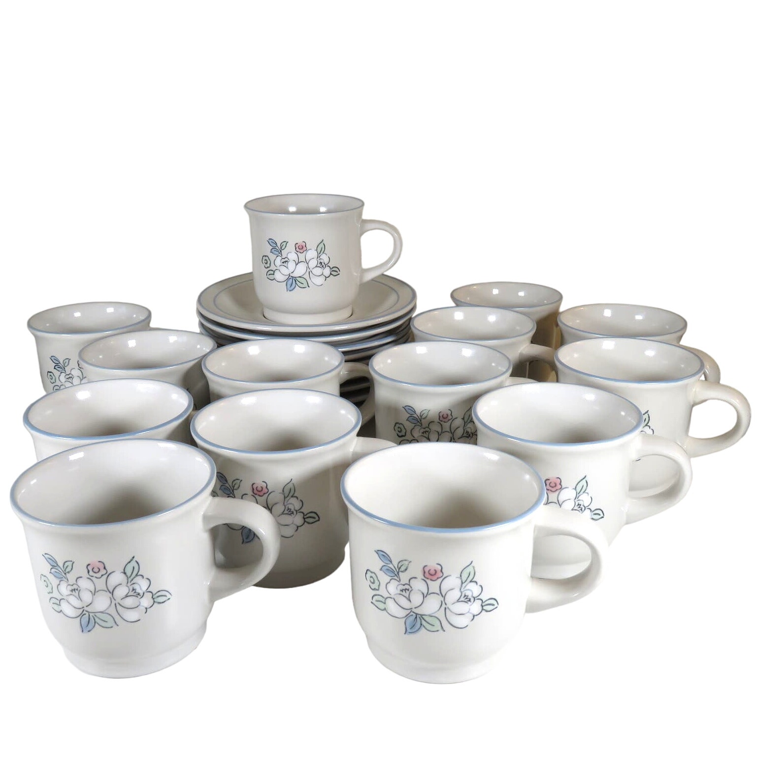 Chantilly Fleur de Lune Stoneware Cups & Saucers 14 Cups, 9 Saucers Blue Vintage