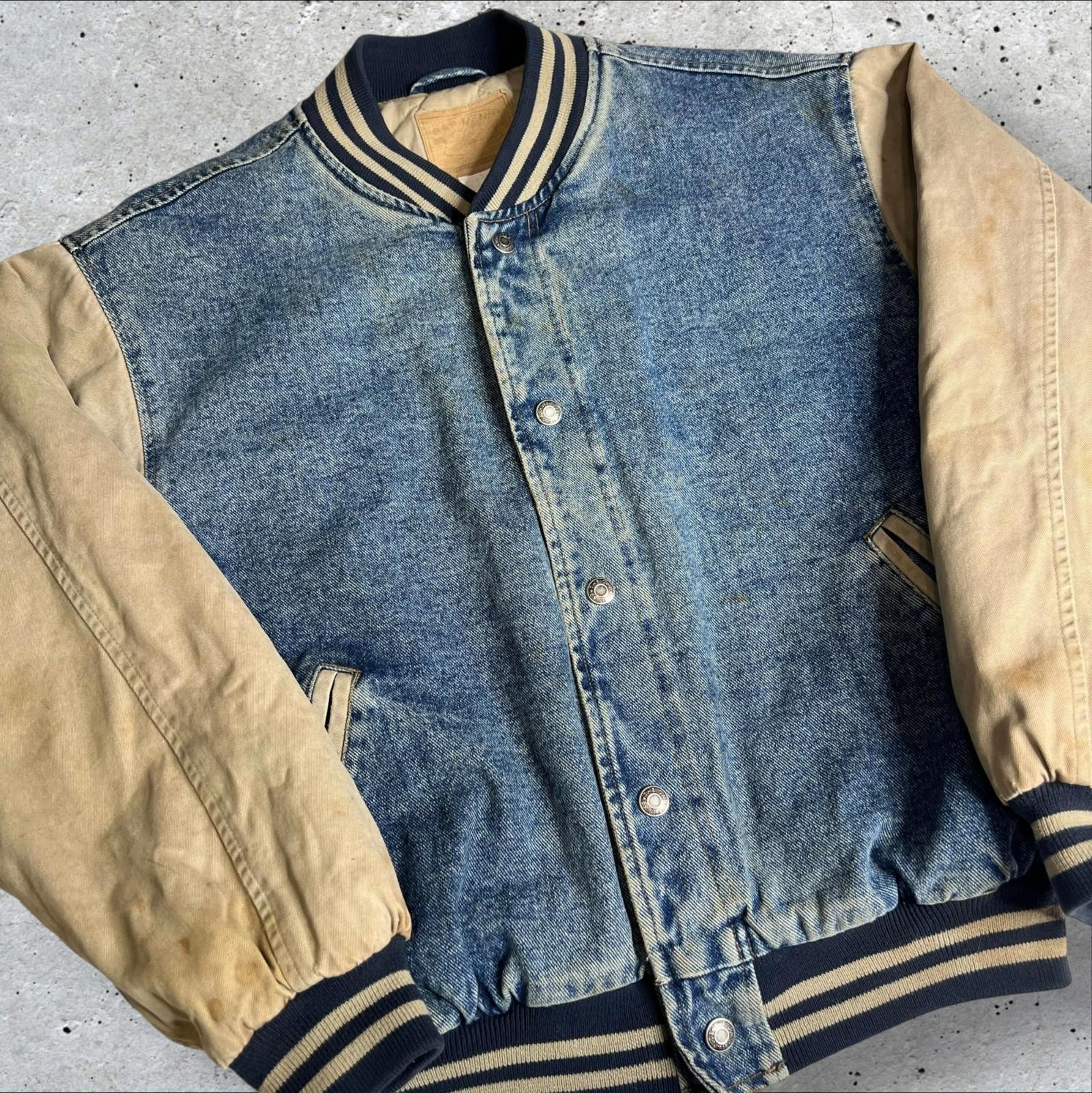 Vintage GAP Denim Varsity Relaxed Fit Denim Contrast Long Sleeves Bomber Jacket