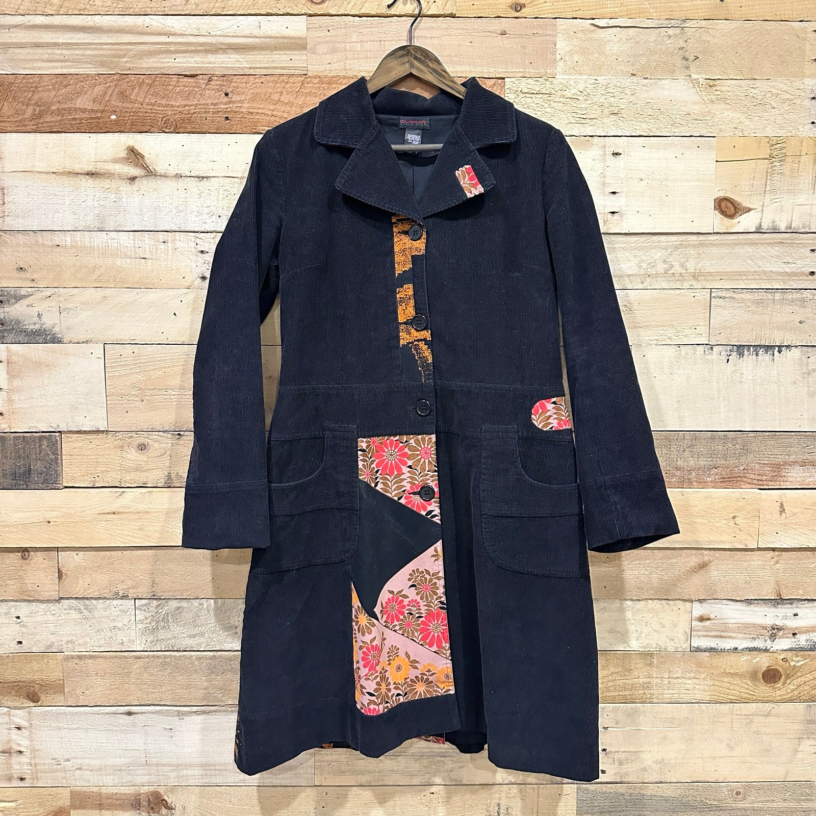 Custo Barcelona Black Corduroy Jacket Size US 8 Patchwork Floral
