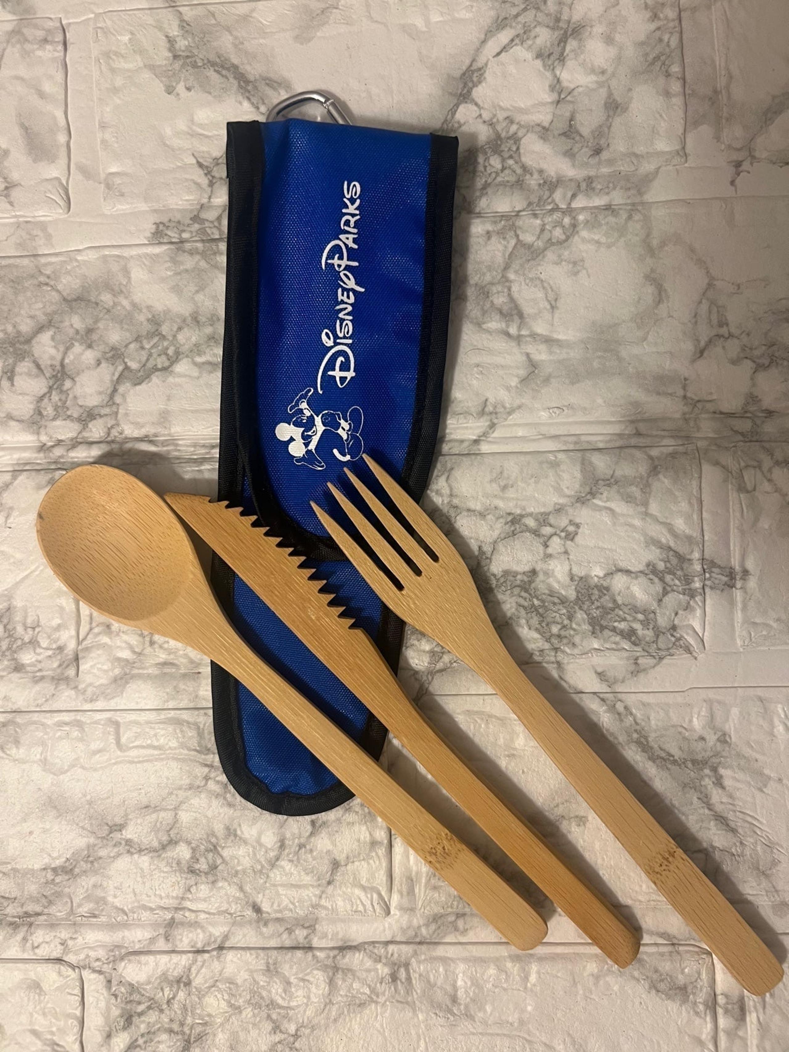 Disney Parks Mickey Reusable Bamboo Utensil Cutlery Set Fork Spoon Knife + Pouch