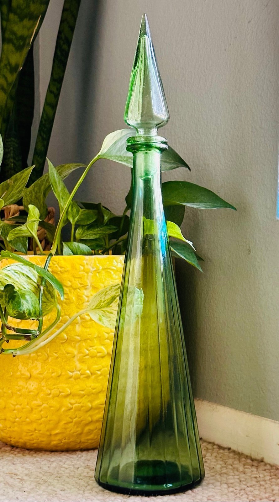 MCM Vintage Green Glass Paneled Genie Bottle Decanter with Stopper