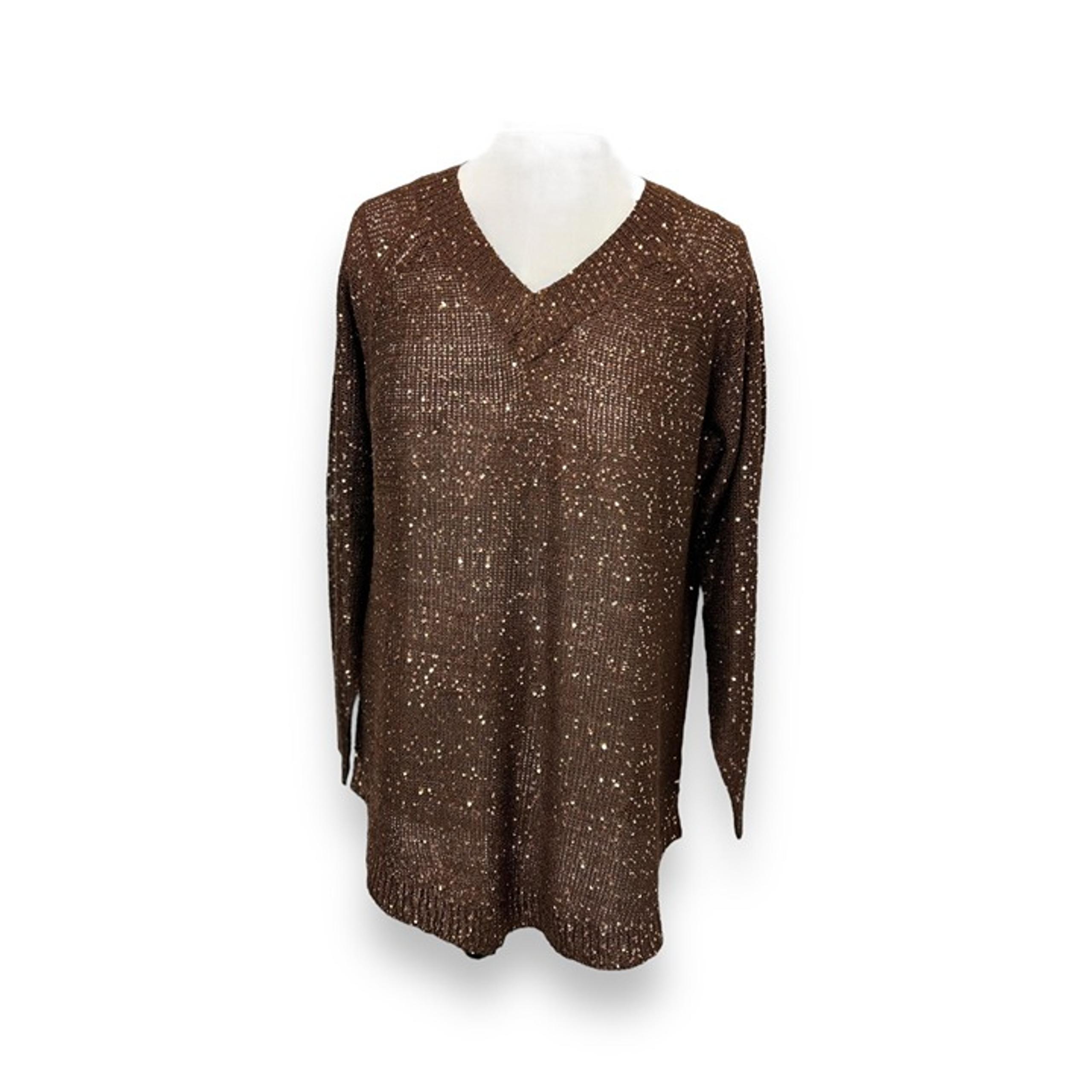 Soft Surroundings Womens Brown Sequin V-Neck Sweater Size L Polyester Acrylic