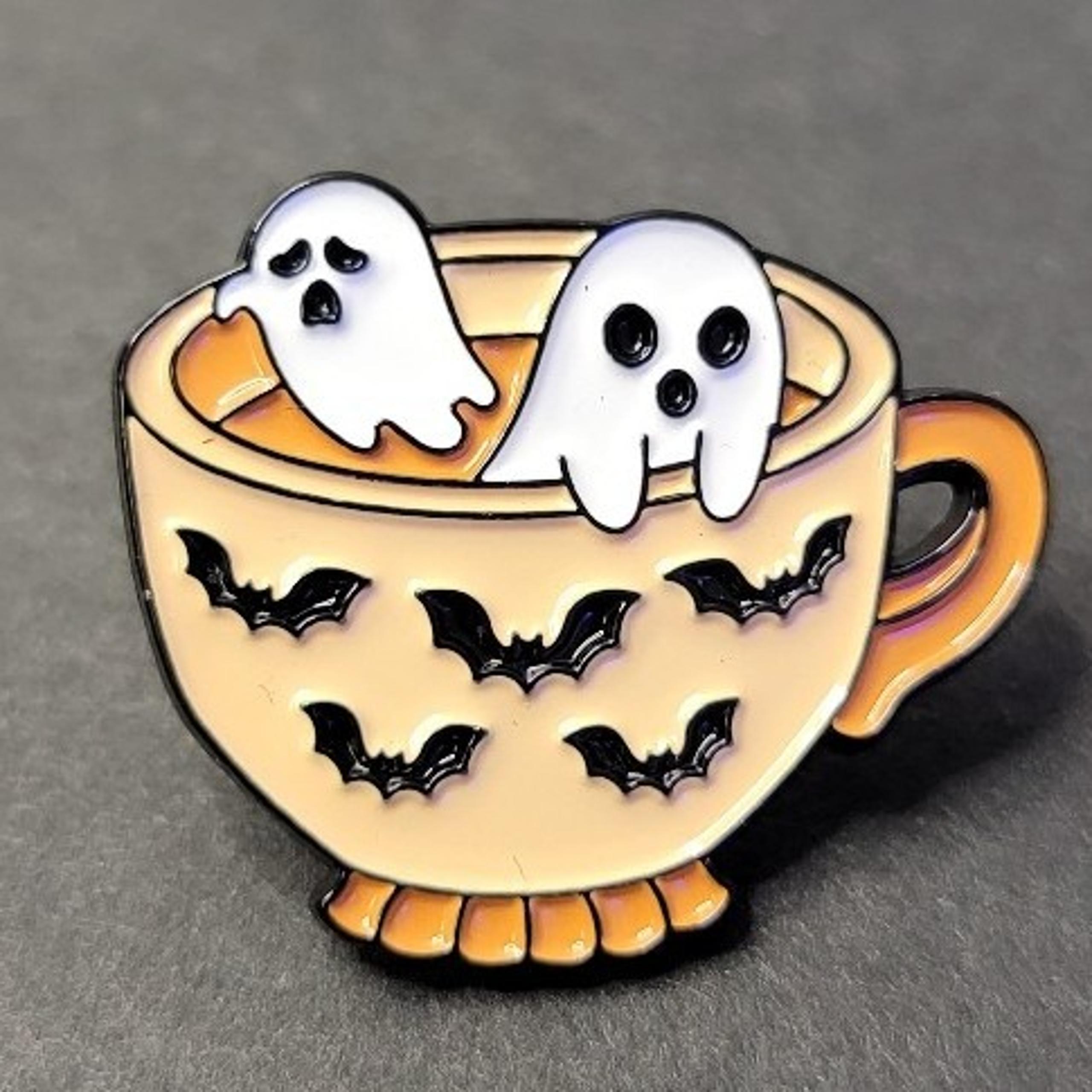 Spooky Cute Ghost And Bats Halloween Coffee Tea Cup Goth Emo Accessories Pin