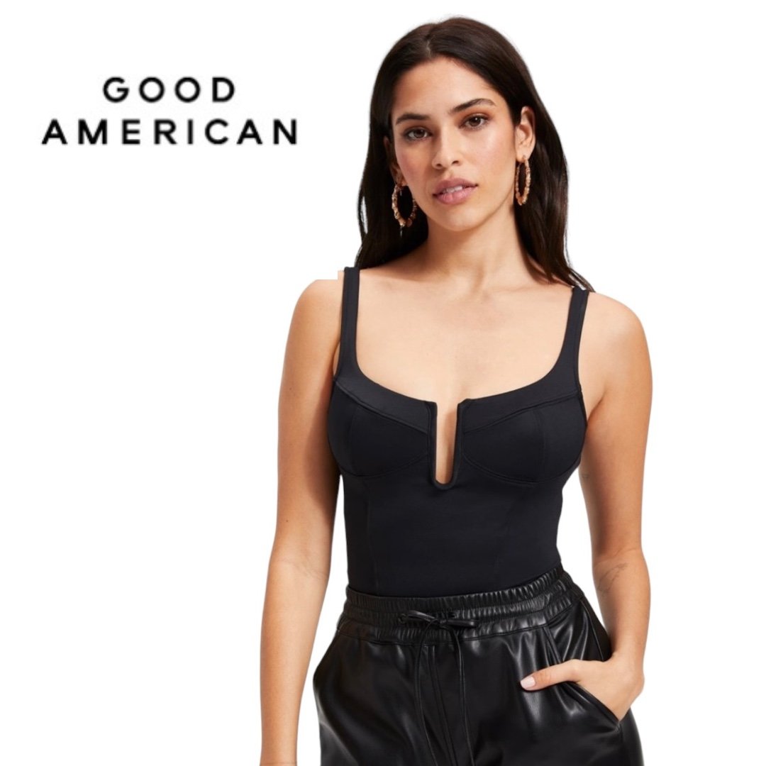 Good American New Women’s Size 3/L Black Good Touch Ruched U Ring Bodysuit