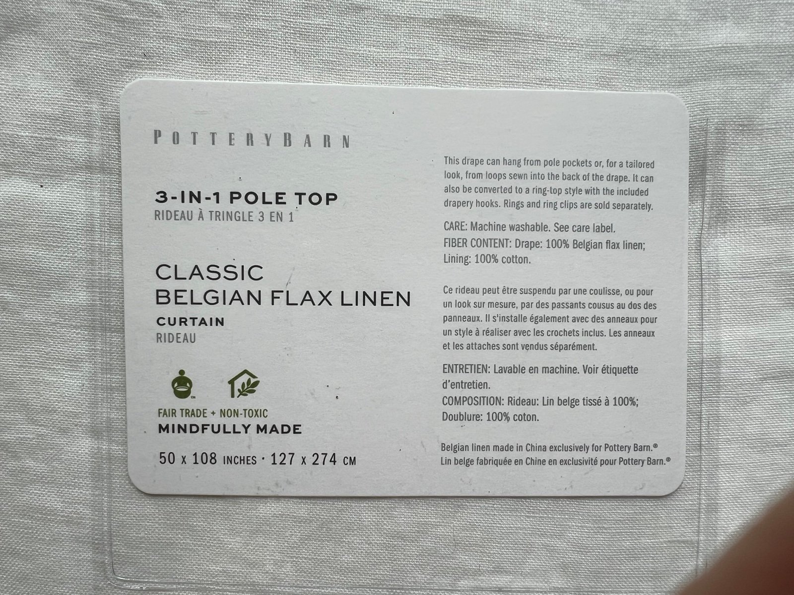 2 White Classic Belgian Flax Linen Potery Barn curtains, 50” x 108”