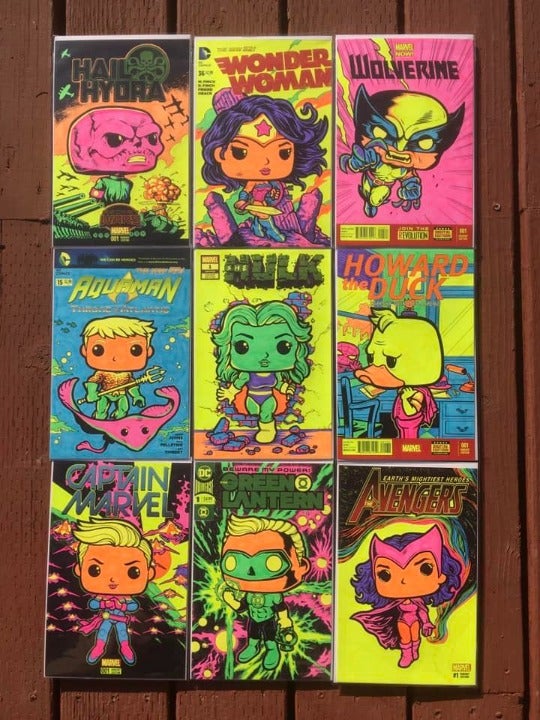 Set of 9 - Marvel & DC Comic Cover Black Light Funko Pop Style Prints