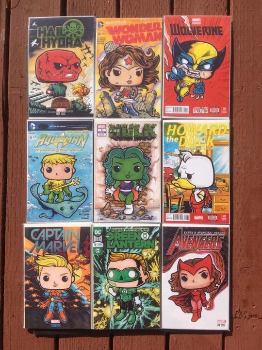 Set of 9 - Marvel & DC Comic Cover Black Light Funko Pop Style Prints