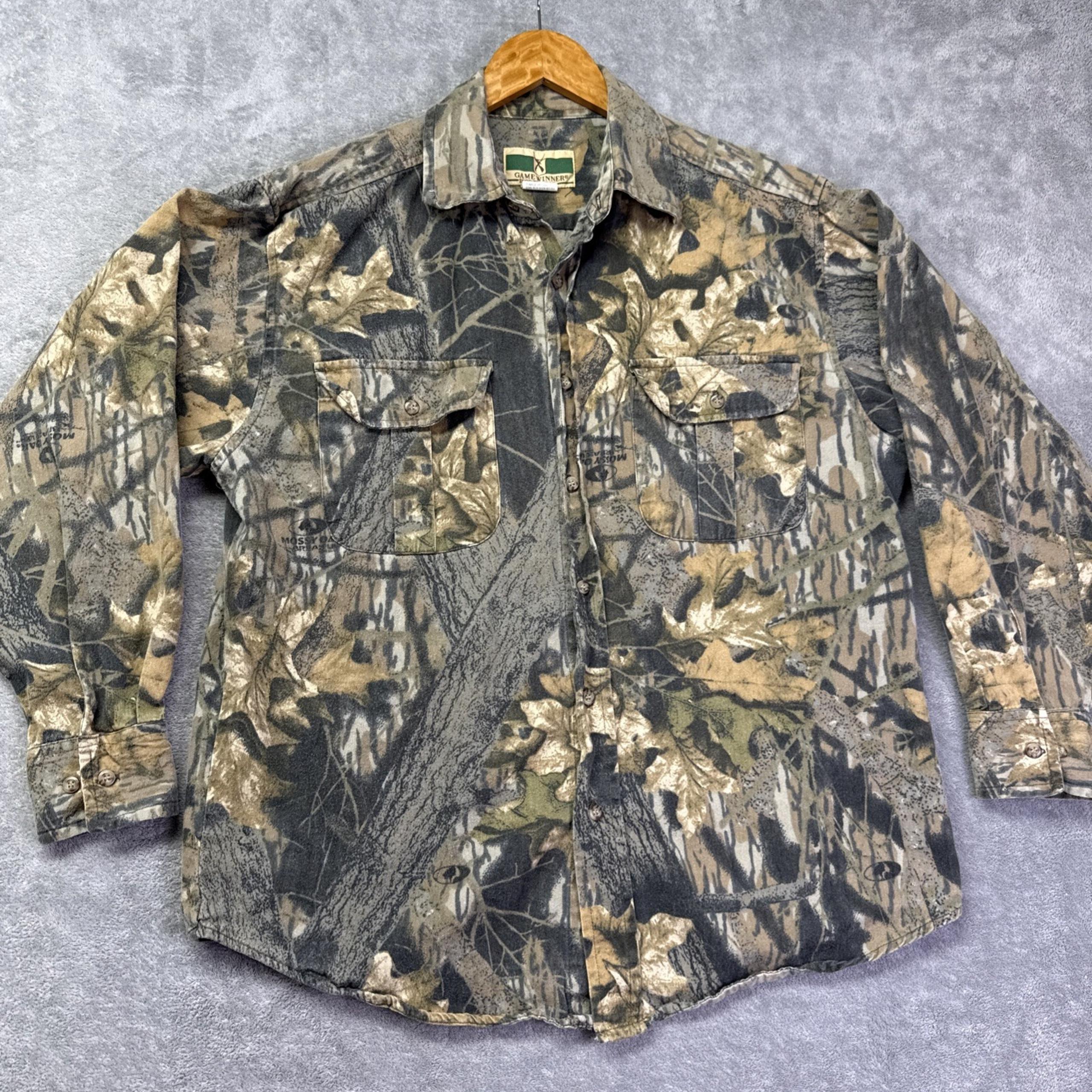 VINTAGE Game Winner Camo Shirt Men's Large Mossy Oak Long Sleeve Hunting Outdoor