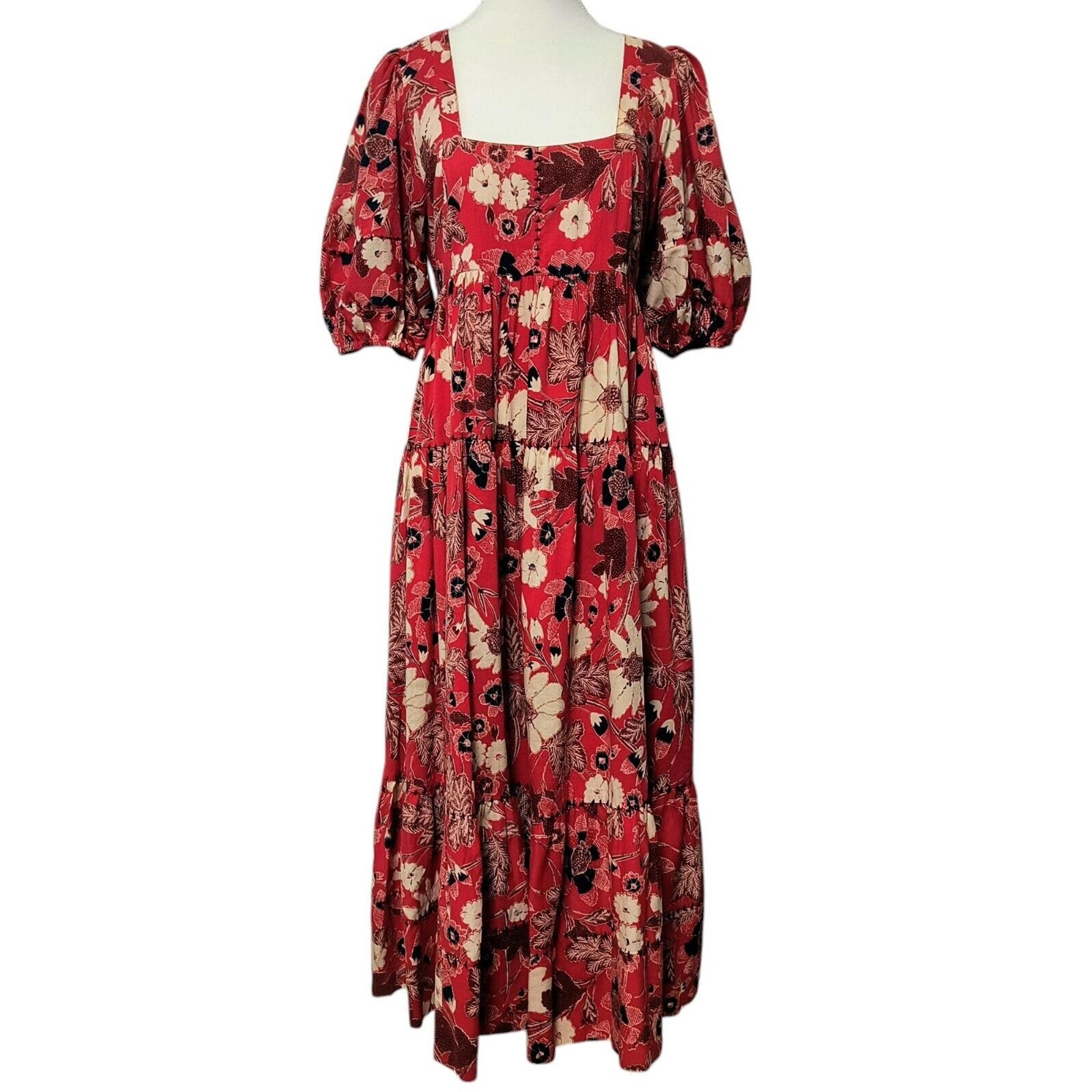 Ulla Johnson Nora Dress Scarlet Red Size 6 Floral Midi Peasant Tiered Easter
