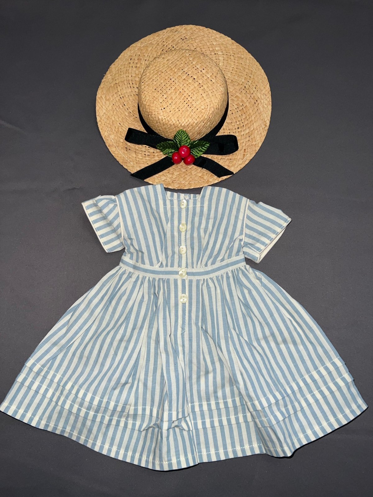 18 American Girl Doll 1992 PC Kirsten Summer Fishing Dress & Cherry Hat Outfit
