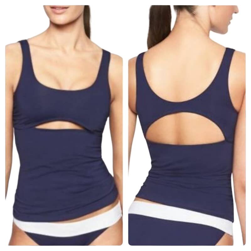 NWT Athleta Mod Block Cutout Tankini Top Scoop Neck Swimsuit Navy Blue Size XXS