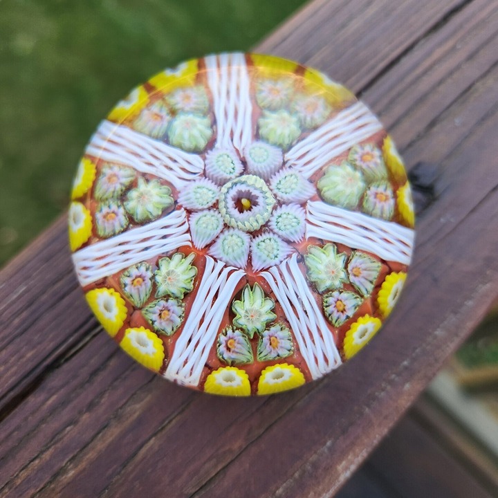 STRATHEARN Art Glass Scotland Millefiori Spoke Latticino Paperweight Red Yellow