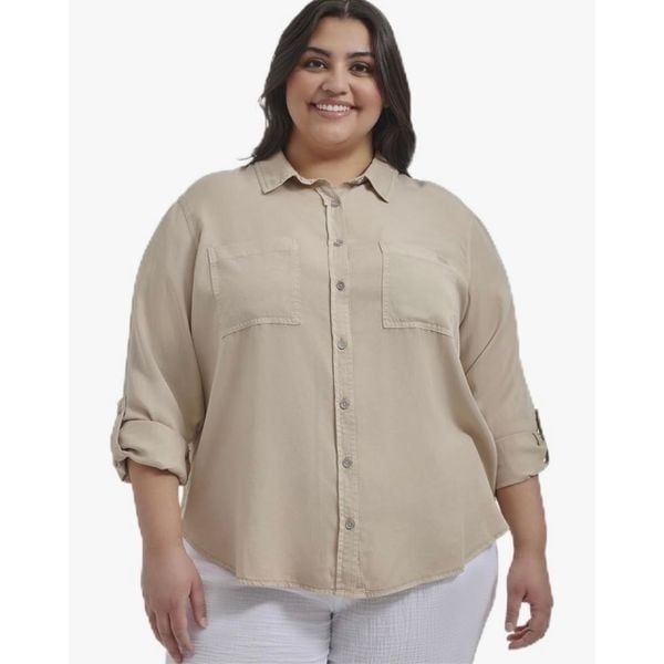 DKNY Women's Plus Garment Dye Classic Roll Tab Sleeve Button Front Shirt