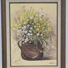 Vintage Original Signed M. Brown Oil Painting 11×14 Wood Framed Floral Art