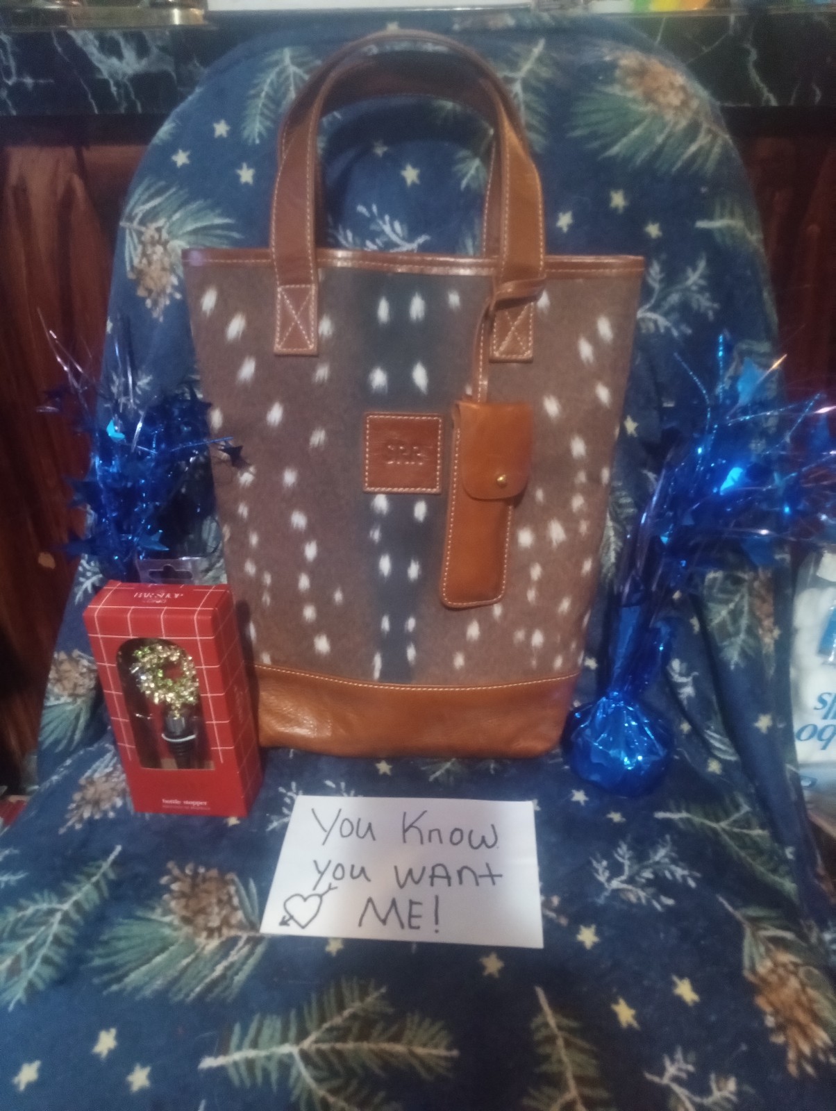 Barrington West point wine tote leather bag deer print bottle stopper & opener