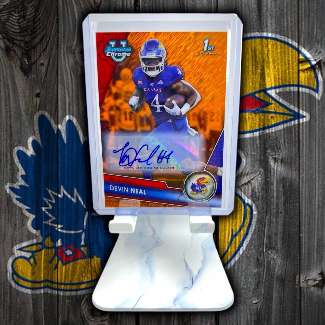 Devin Neal Topps 1st Bowman U Chrome Orange Shimmer SP Auto /25 Kansas Jayhawks