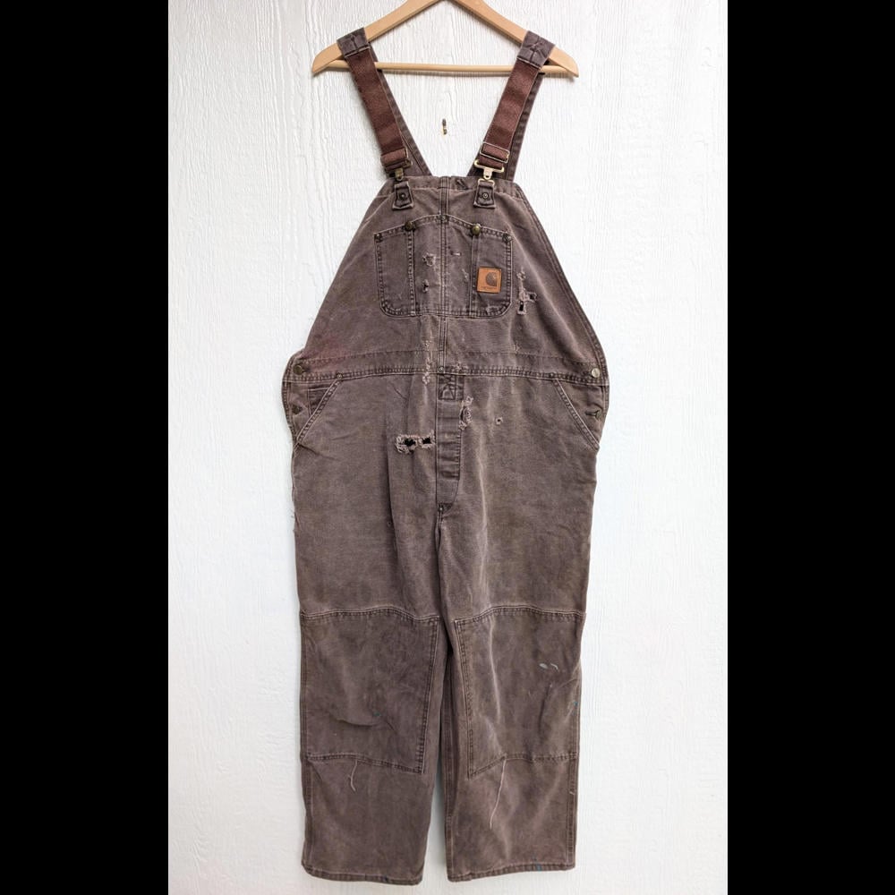Vth Y2K Carhartt Overalls Bib Canvas Double Knee Brown R06 CHT Distressed 48x30