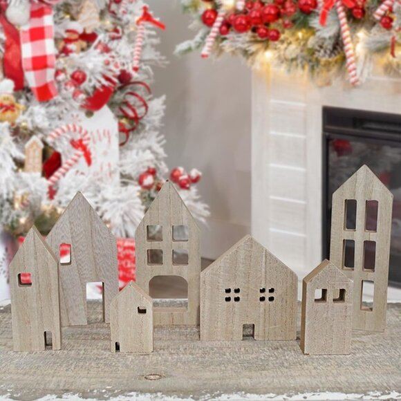 NEW Set of 7 Wood House Silhouettes Decor (Christmas Holiday Wooden Gift Light