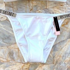 XSmall Victorias Secret Swim BOMBSHELL BIKINI BOTTOM Silver Shine Strap White Ne