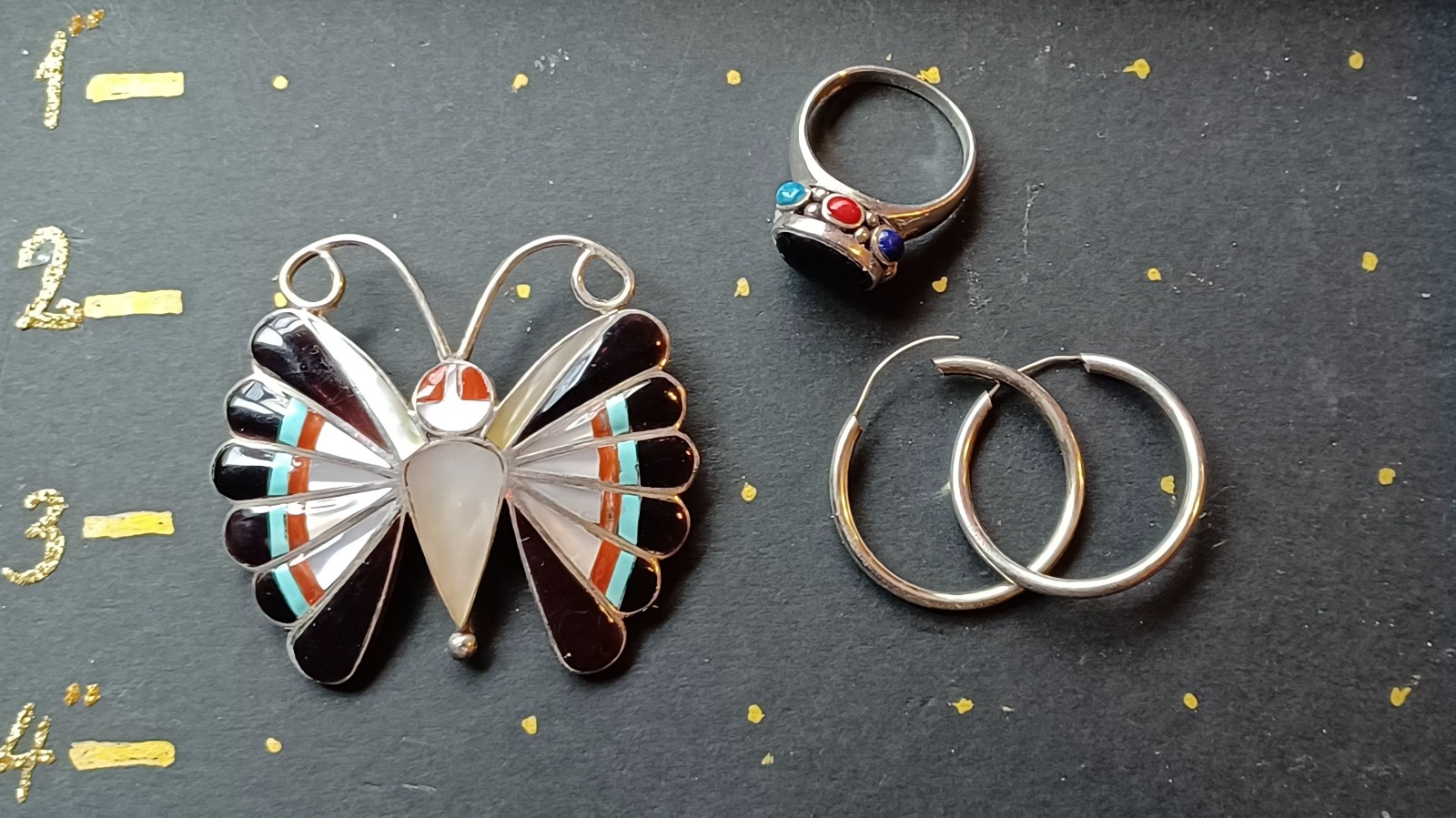 Designer signed Zuni Native American Butterfly Pendant/Brooch 3 Pc Lot