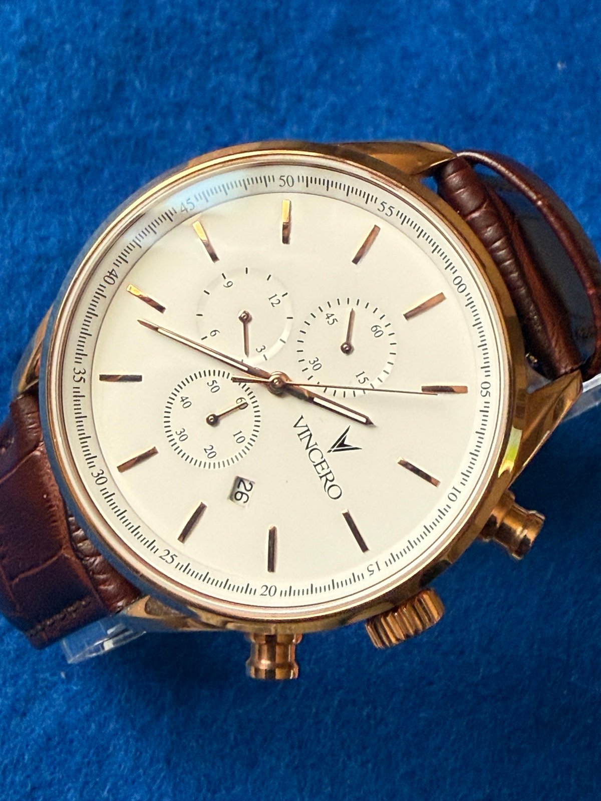 Vincero Watch Men Chronograph Rose Gold Tone Date Window Brown Band