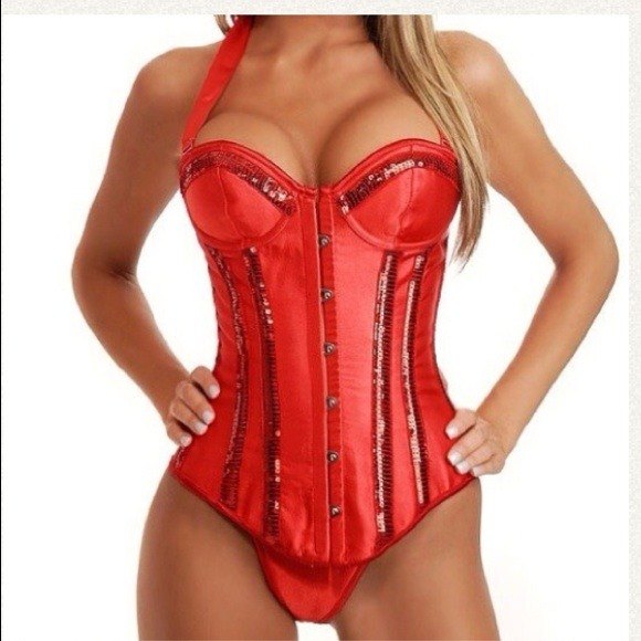 New! Halter Showgirl Sequined Corset Size M Red