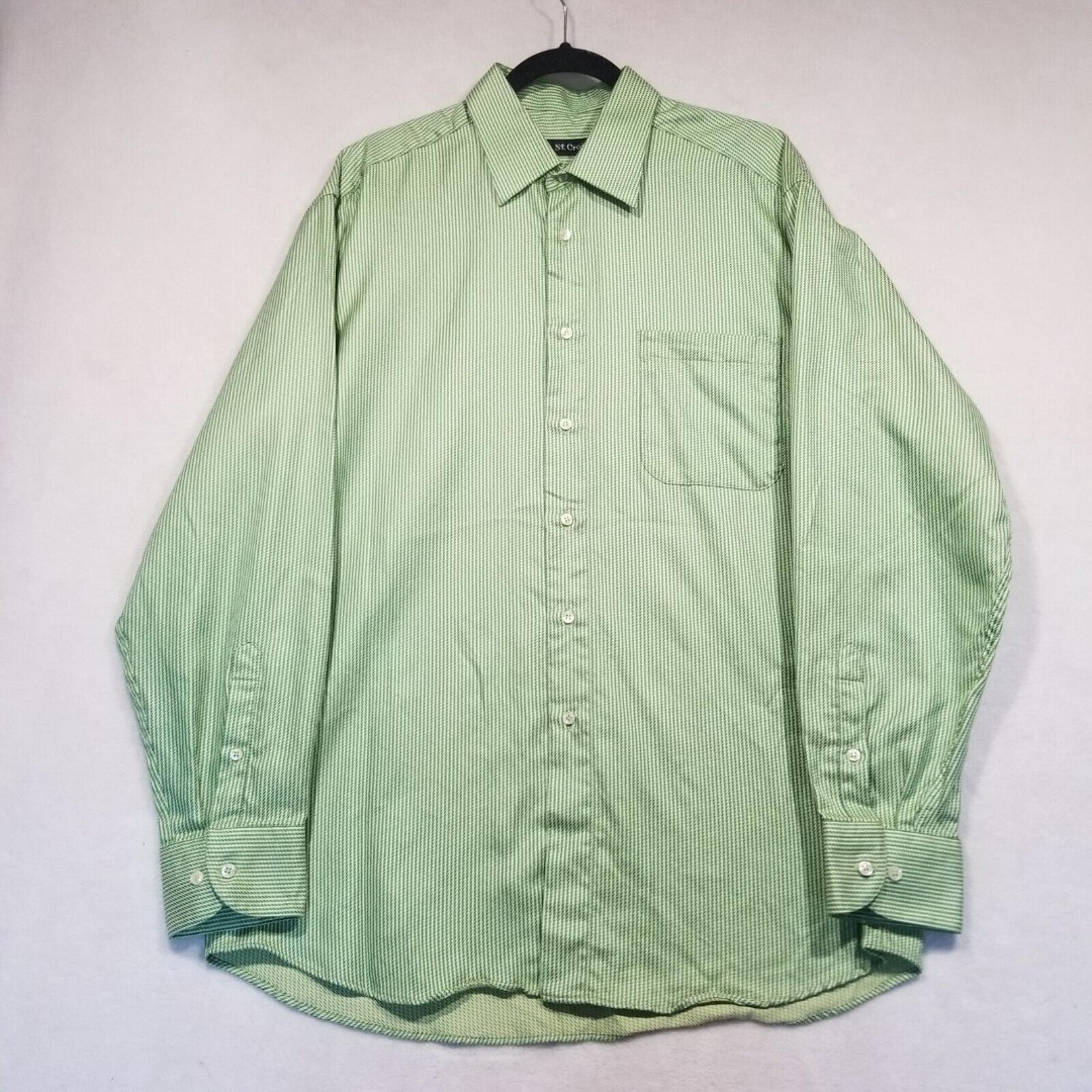 St. Croix Mens Large Cotton Long Sleeve Button Front Shirt Lime Green Striped