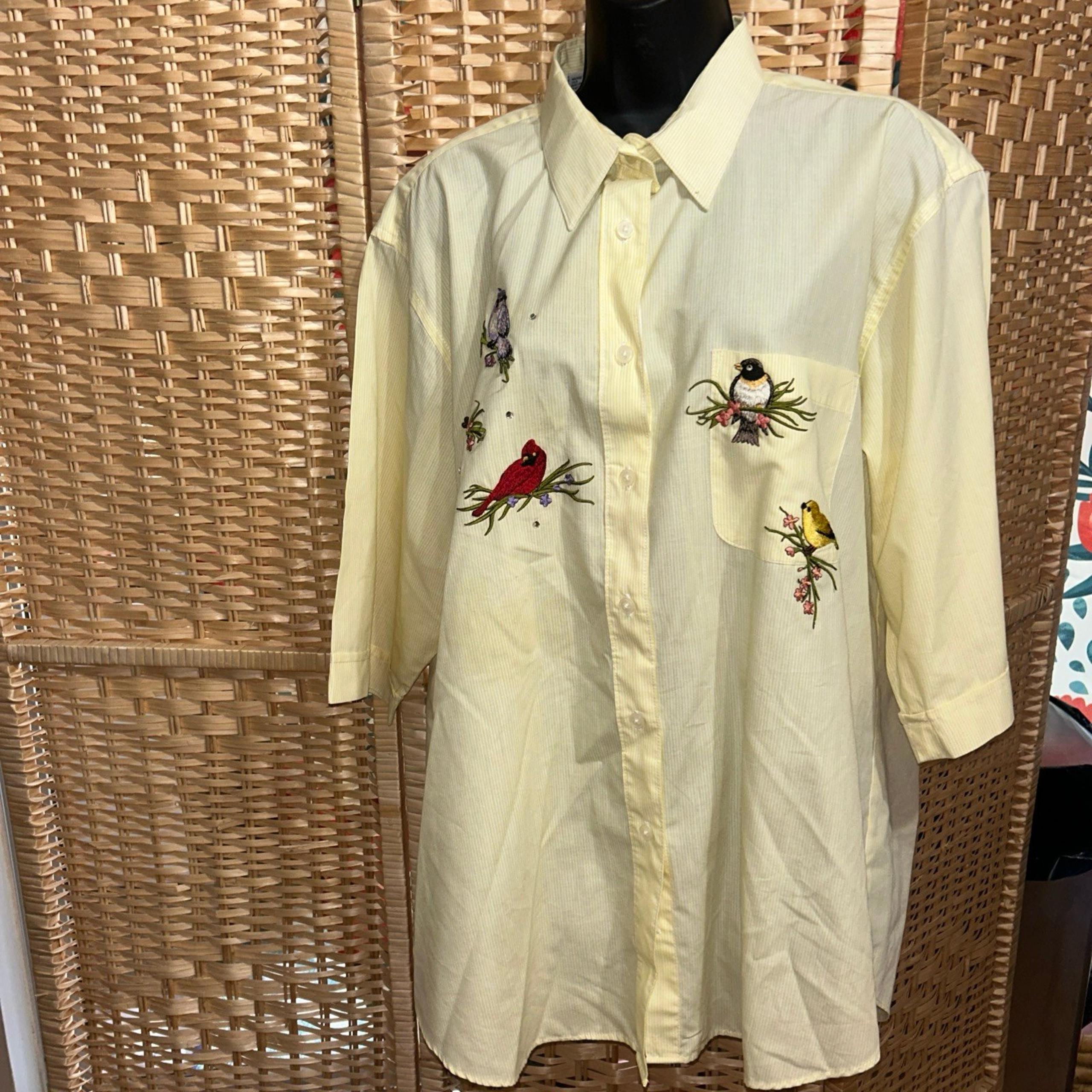 La Olas Ladies 3/4 Sleeve Yellow Striped Button Up With Birds XL