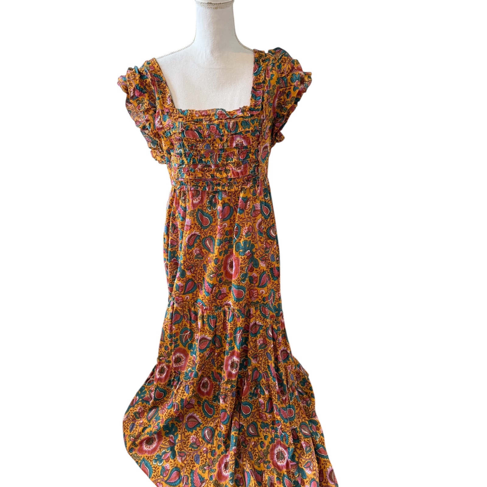 House of Harlow 1960 Feminine Floral Maxi Dress Golden Mustard L