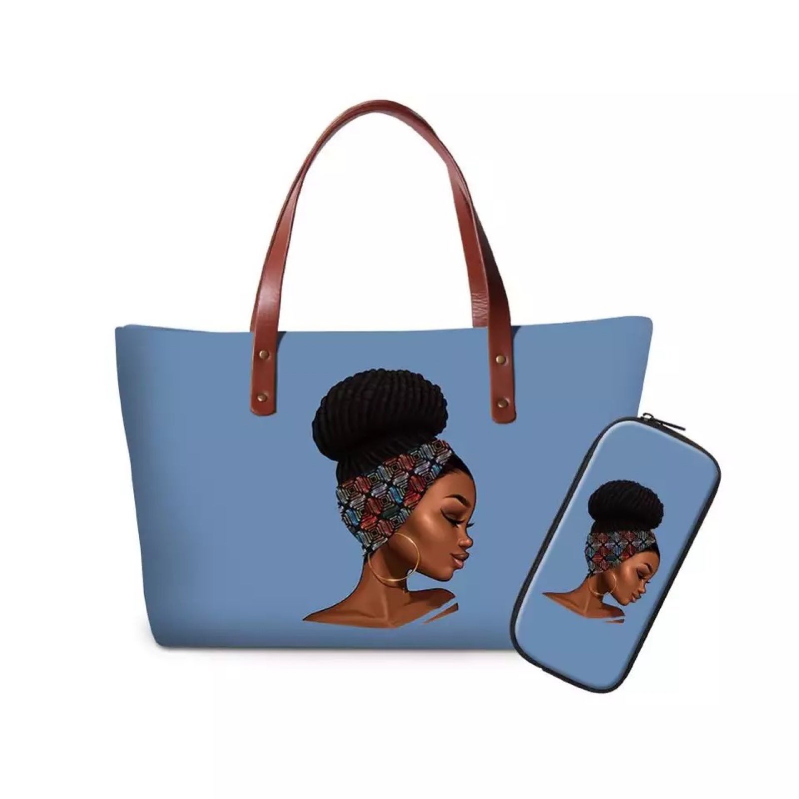Blue printed handbags and makeup case