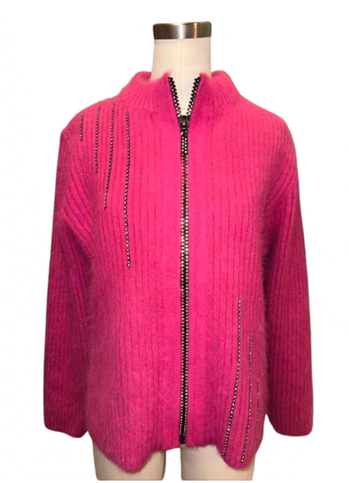 Fuzzy 80% Angora Venesha Pink Rhinestone Cardigan Jacket Sweater Zip Up Lined