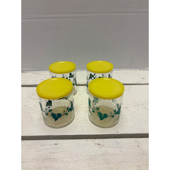 Set Of 4 Anchor Hocking Handi-Savor Glass Jars With Yellow Lids & Green Ivy Patt