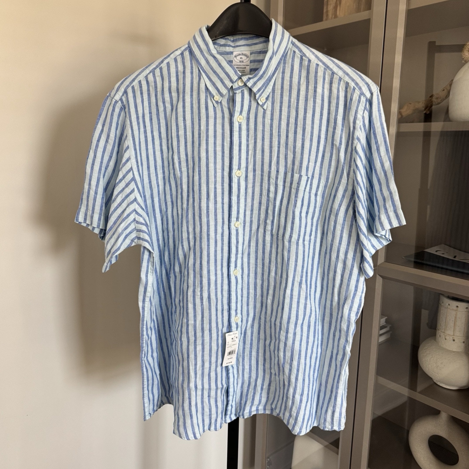Brooks Brothers Linen Blue Stripe Button Short Sleeve Shirt XL NEW Original Polo
