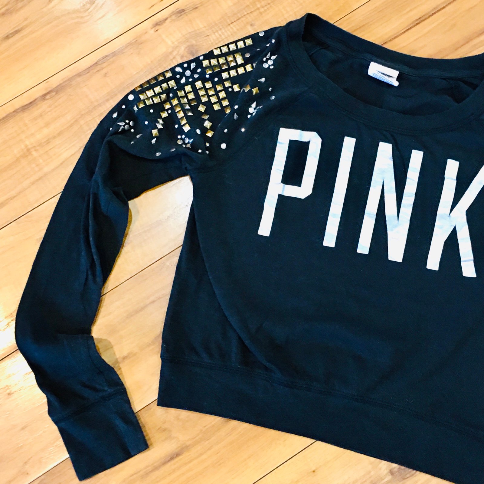 Victoria Secret Pink sequin bling crop top shirt cotton black gold XS small