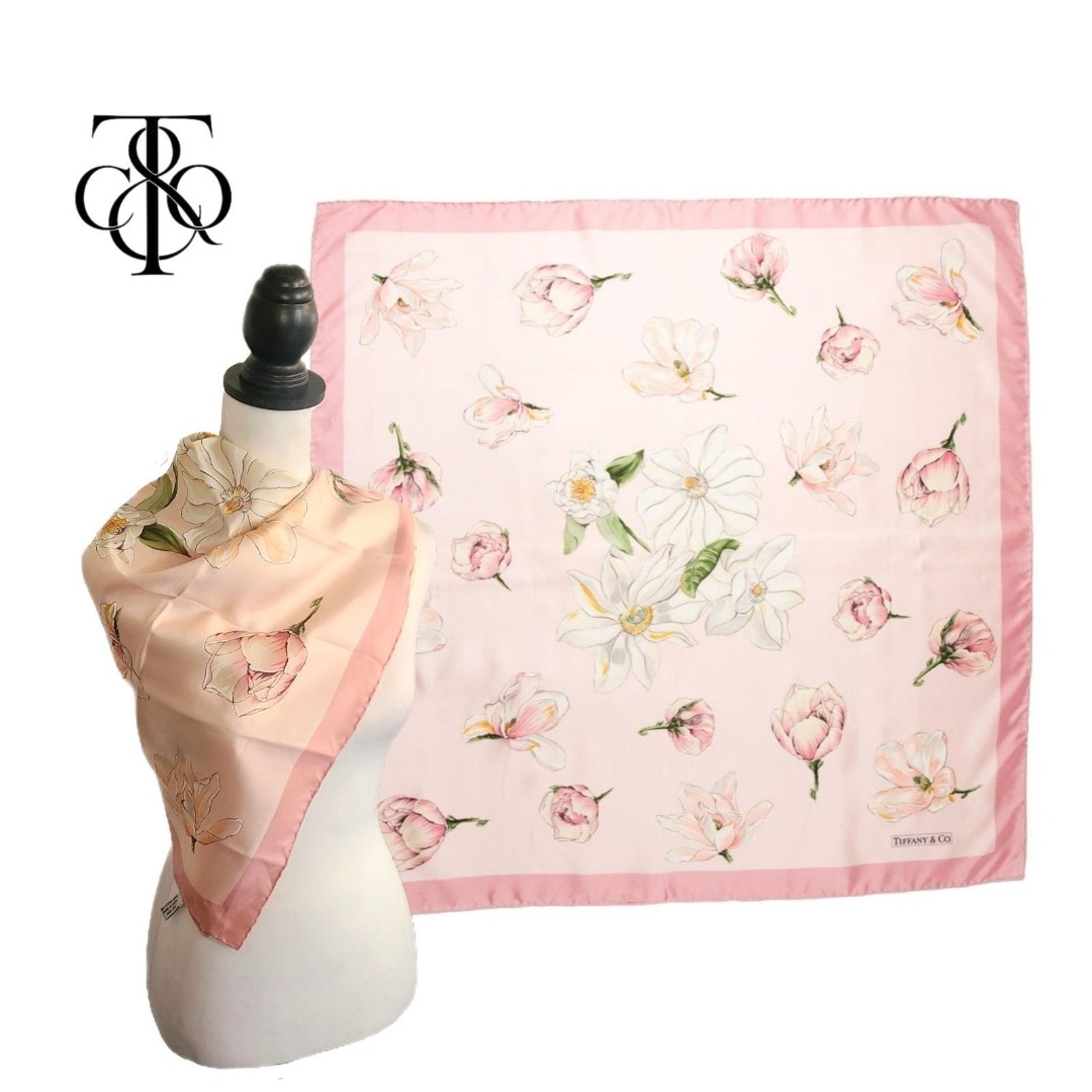 Tiffany & Co (Authentic) Pink & Cream Floral Blossom Print 34" Silk Scarf, VGUC