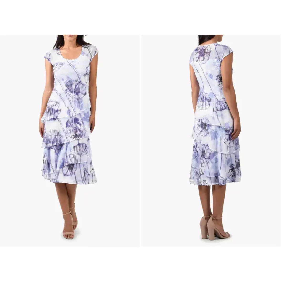 Komarov Floral Cap Sleeve Midi Dress Indigo Poppy Medium Charmeuse wrinkle-free
