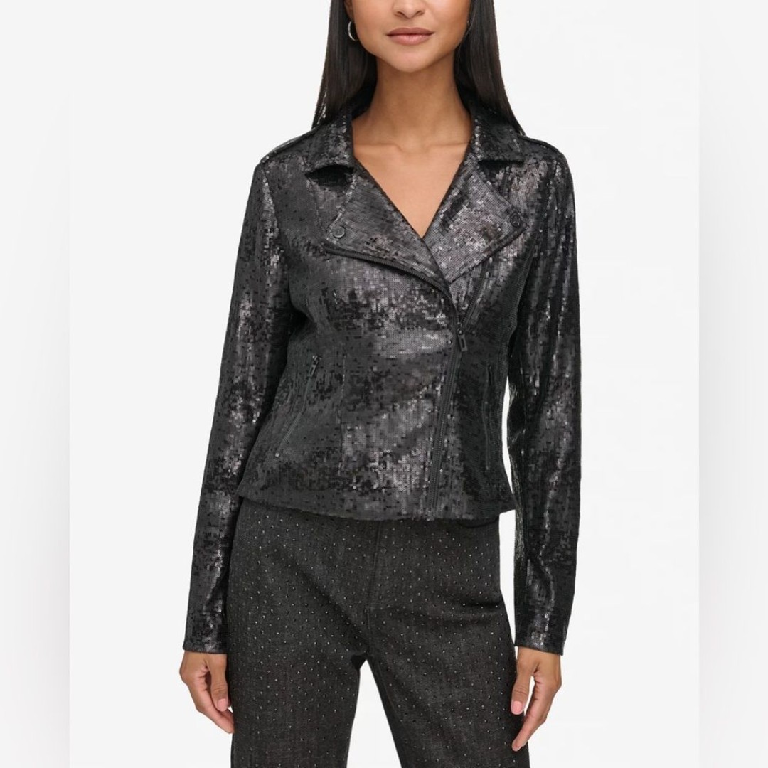KARL LAGERFELD Sequin Notch Lapel Lng Sleeve Zip Moto Jacket NWT S (was 189)